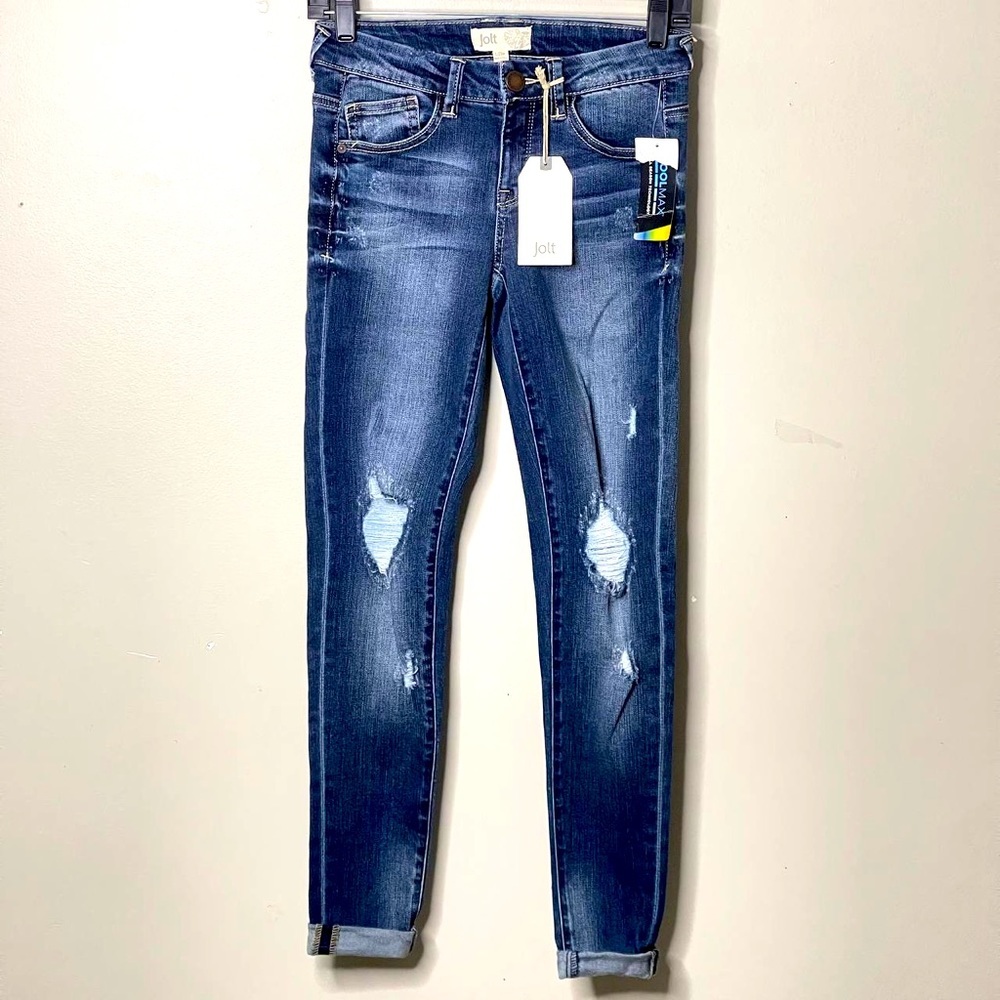 Jolt Juniors Size 1/25 Distressed Ripped Slim Fit Whiskered Denim Blue‎ Jeans